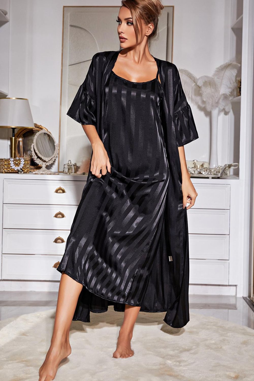 Striped Flounce Sleeve Open Front Robe and Cami Dress Set, NikkiandNaomi