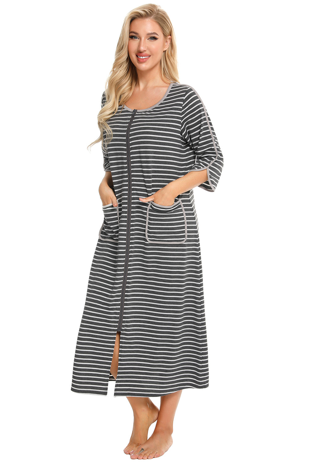 Round Neck Three-Quarter Sleeve Midi Night Dress, NikkiandNaomi