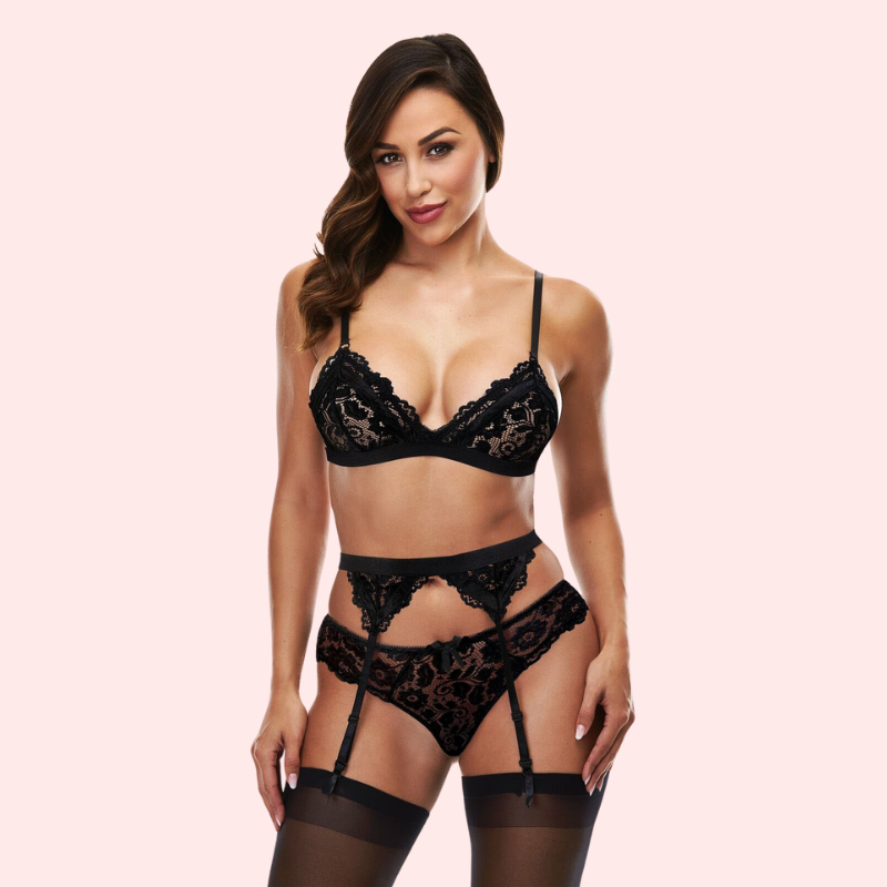 Exotic black lace bra set with garter belt by Nikki