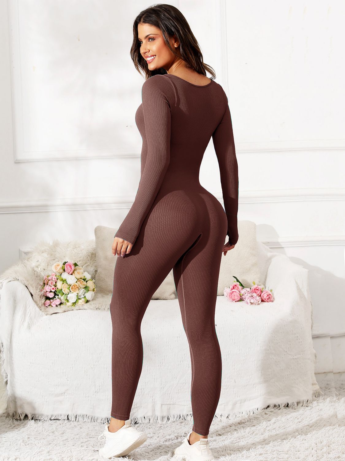 Scoop Neck Long Sleeve Active Jumpsuit, NikkiandNaomi