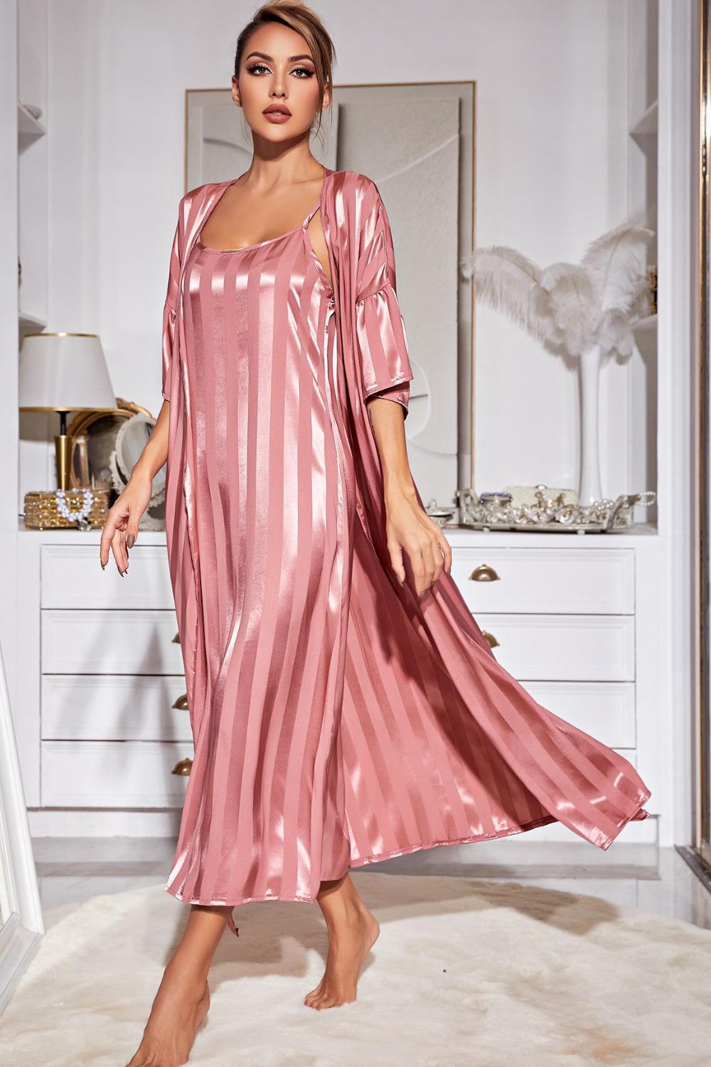 Striped Flounce Sleeve Open Front Robe and Cami Dress Set, NikkiandNaomi