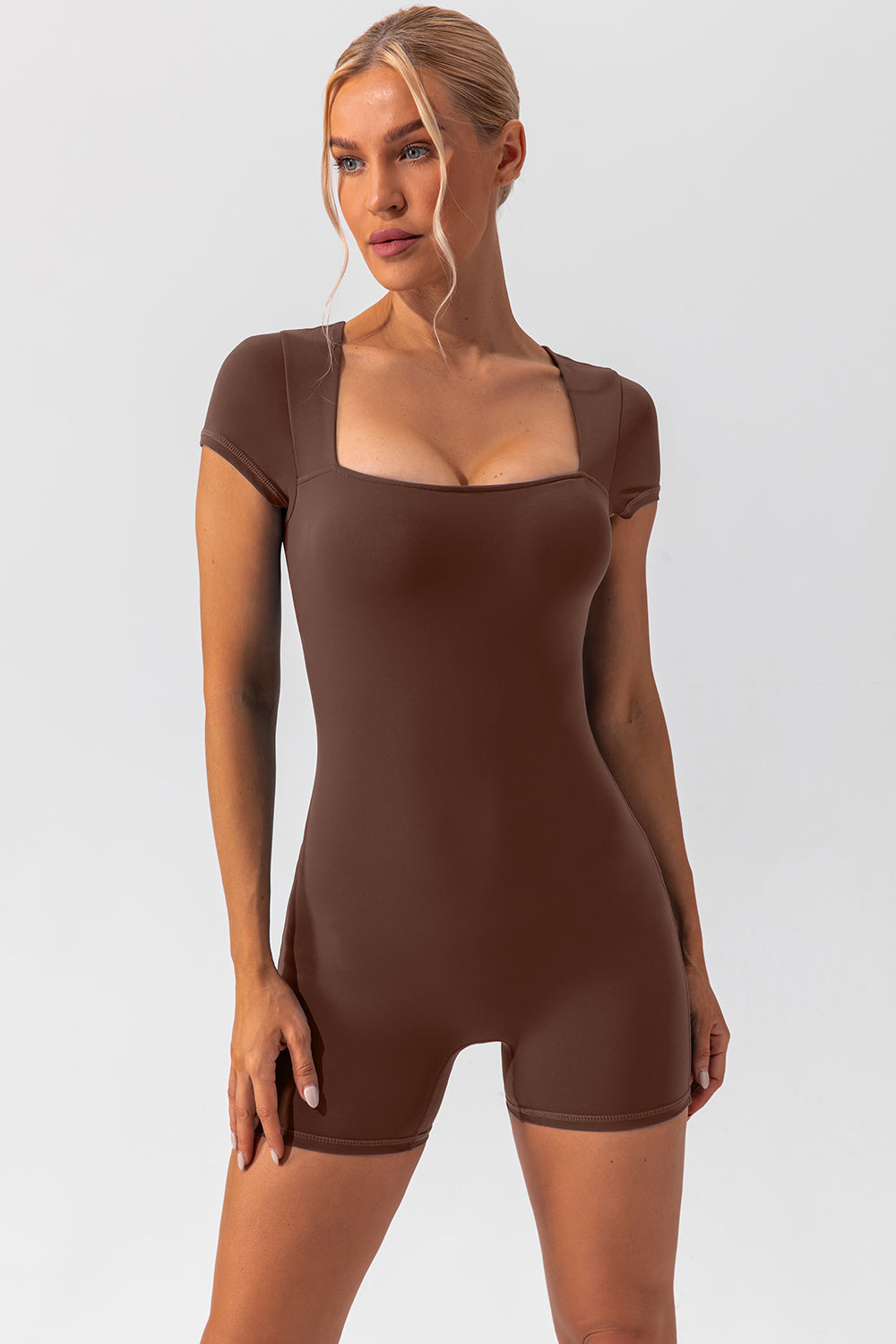 Square Neck Cap Sleeve Active Romper, NikkiandNaomi