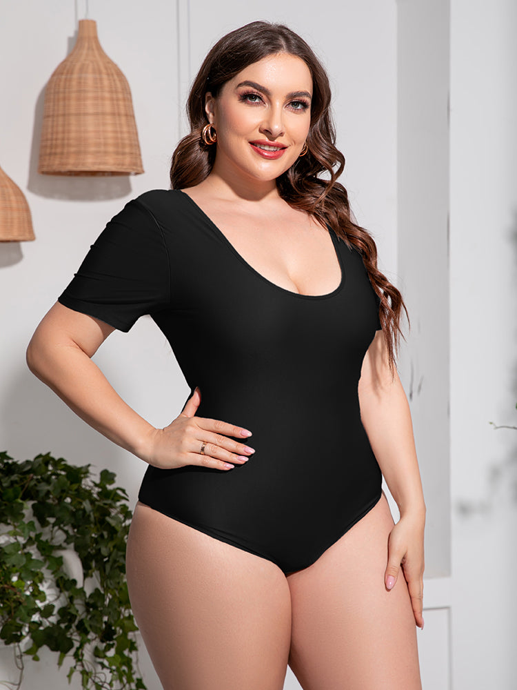 Plus Size Scoop Neck Short Sleeve One-Piece Swimsuit, NikkiandNaomi