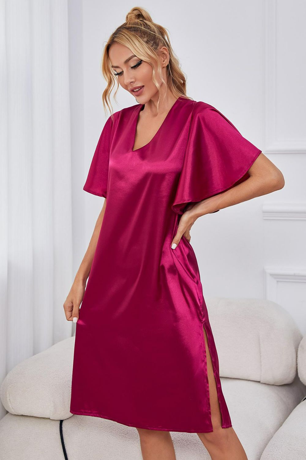 Satin Flutter Sleeve Side Slit V-Neck Night Dress, NikkiandNaomi