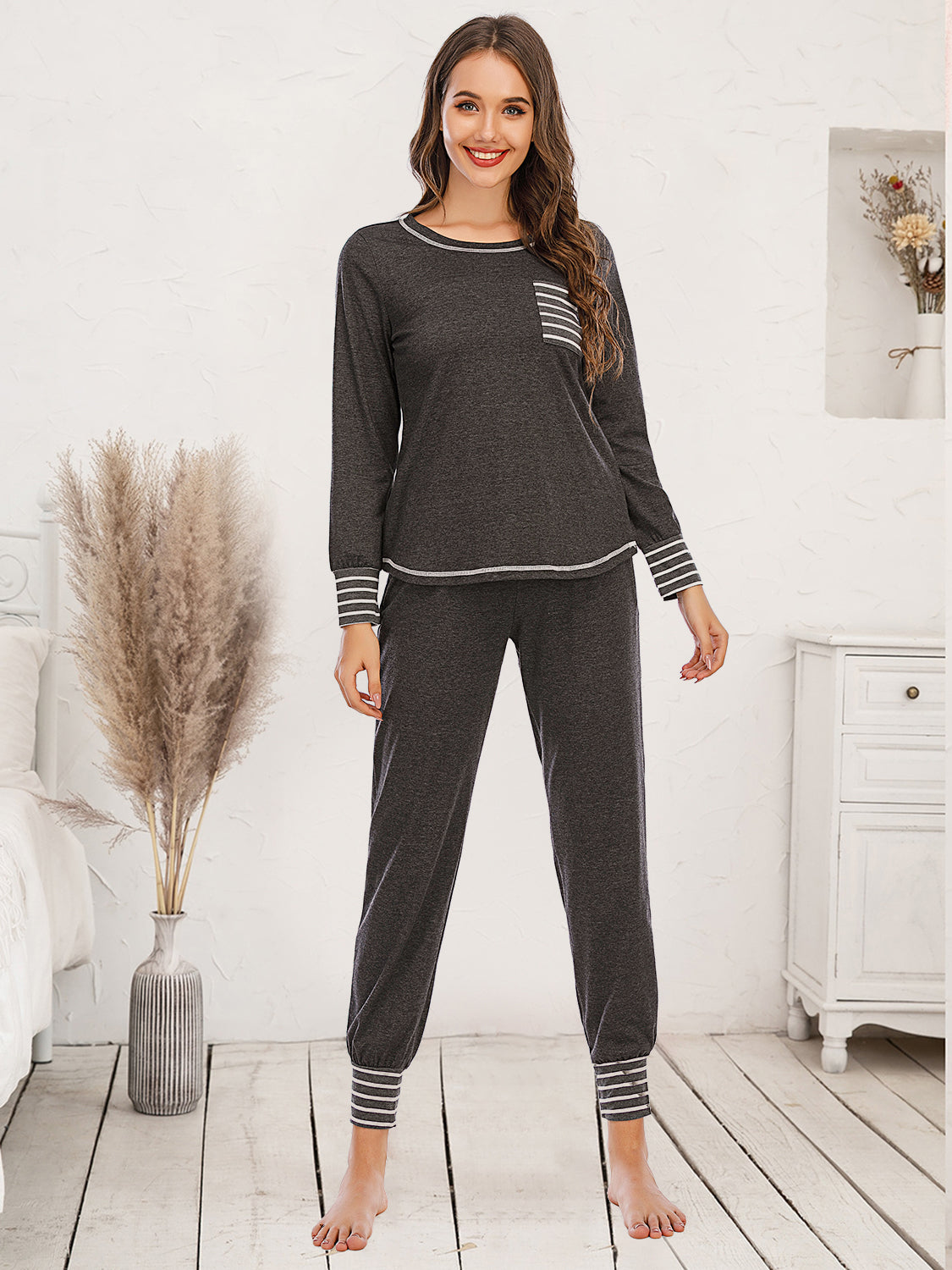 Round Neck Top and Pants Lounge Set, NikkiandNaomi