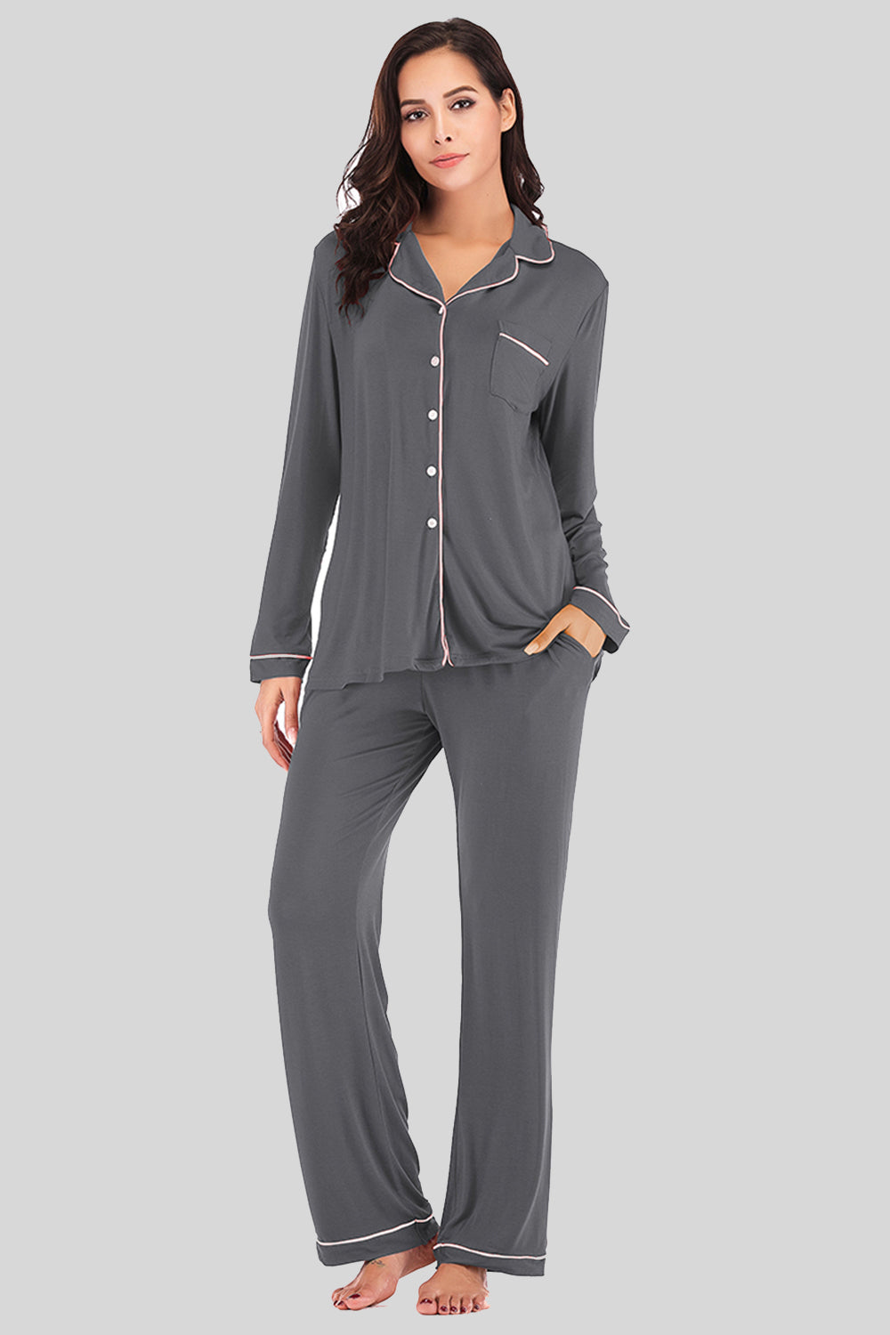 Collared Neck Long Sleeve Loungewear Set with Pockets, NikkiandNaomi