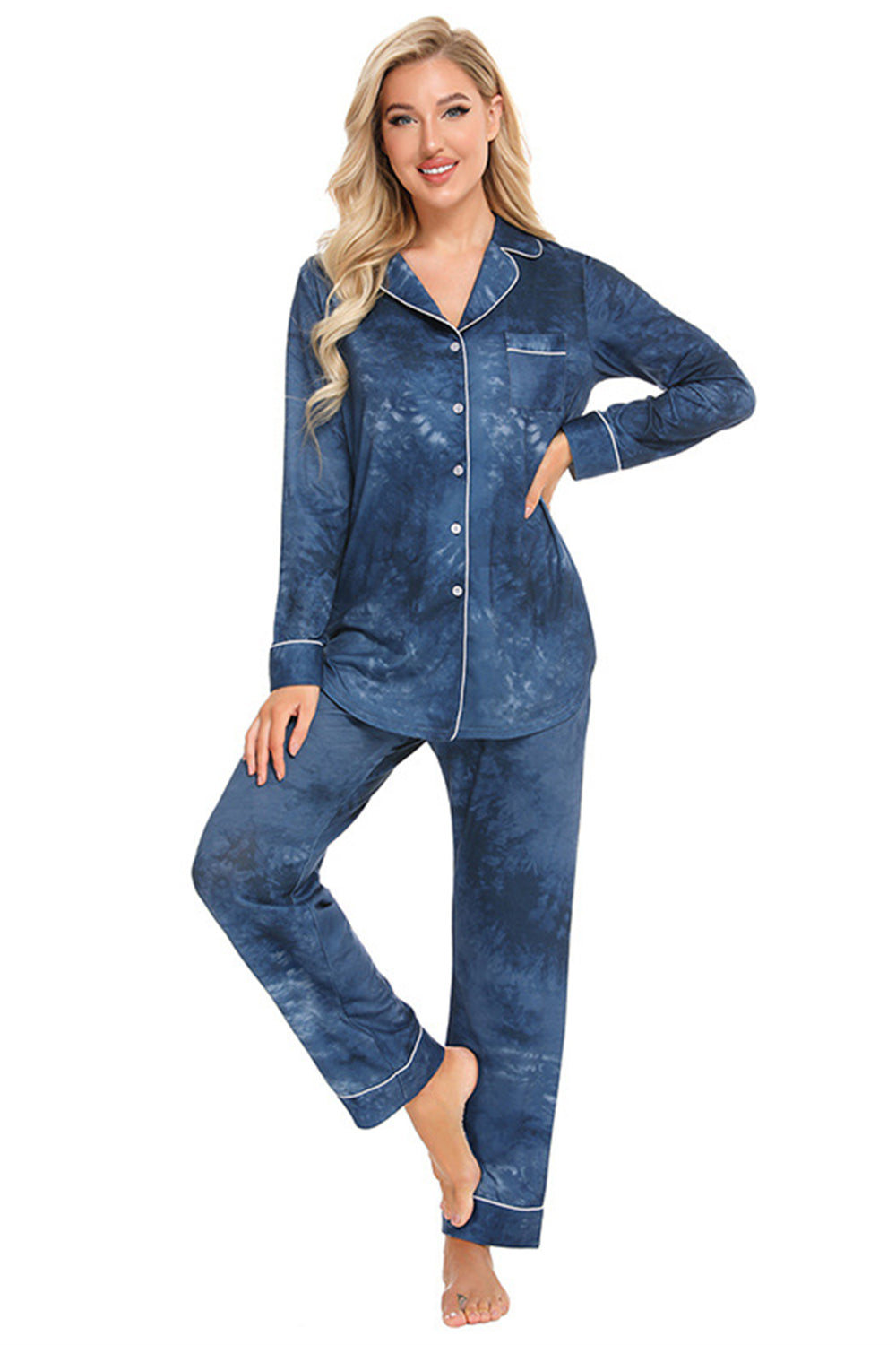 Collared Neck Long Sleeve Loungewear Set with Pockets, NikkiandNaomi