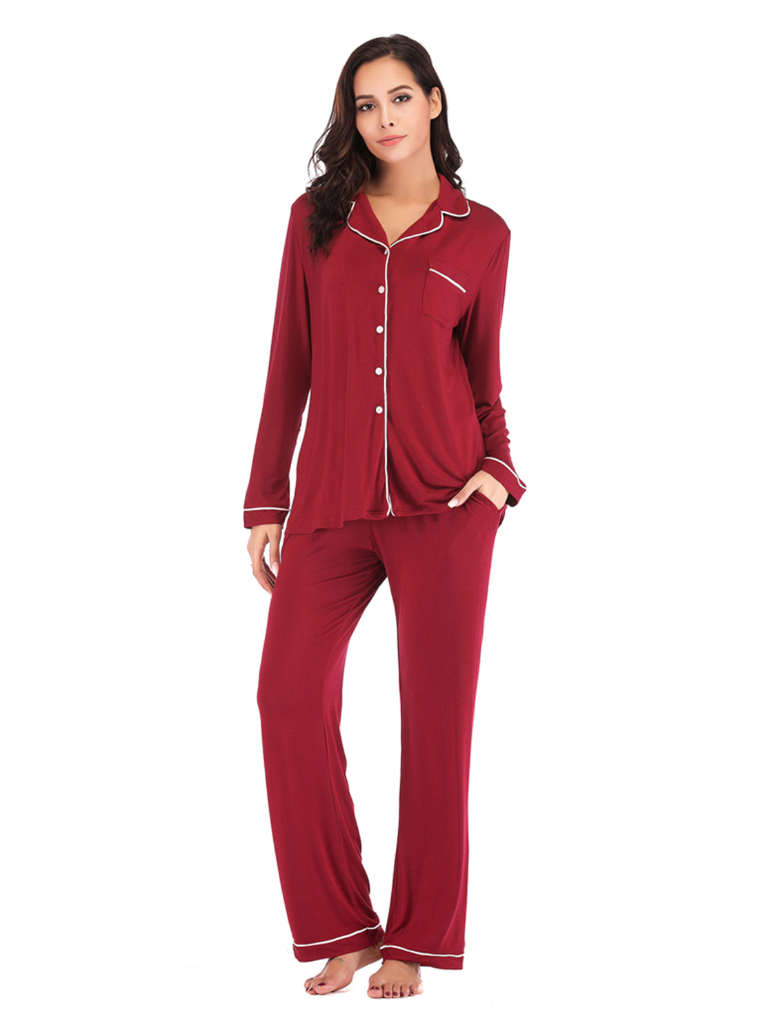 Collared Neck Long Sleeve Loungewear Set with Pockets, NikkiandNaomi