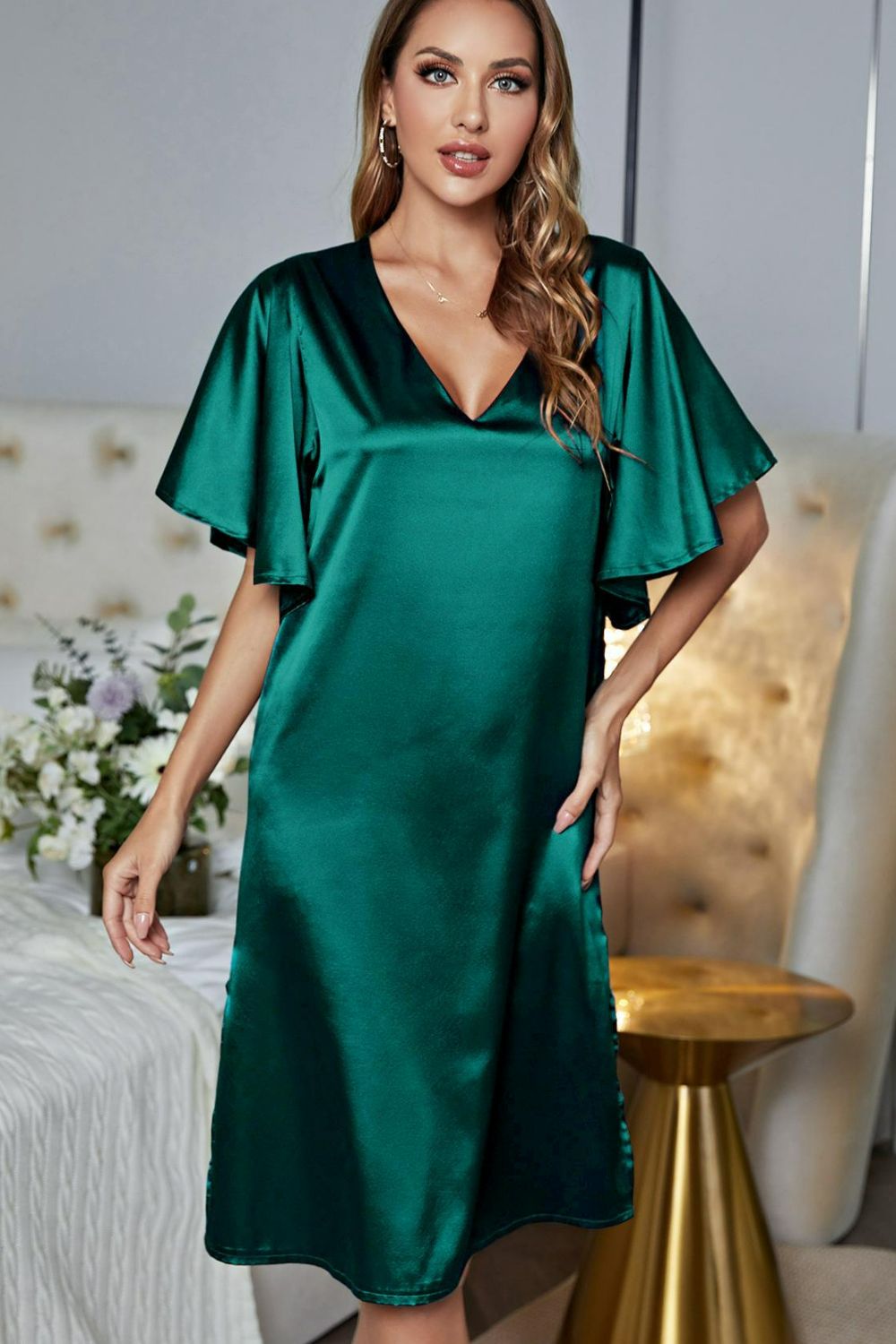 Satin Flutter Sleeve Side Slit V-Neck Night Dress, NikkiandNaomi