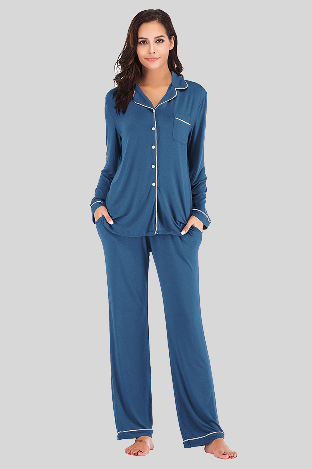 Collared Neck Long Sleeve Loungewear Set with Pockets, NikkiandNaomi