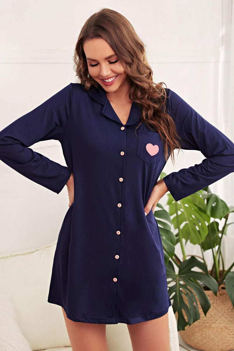 Heart Graphic Lapel Collar Night Shirt Dress, NikkiandNaomi