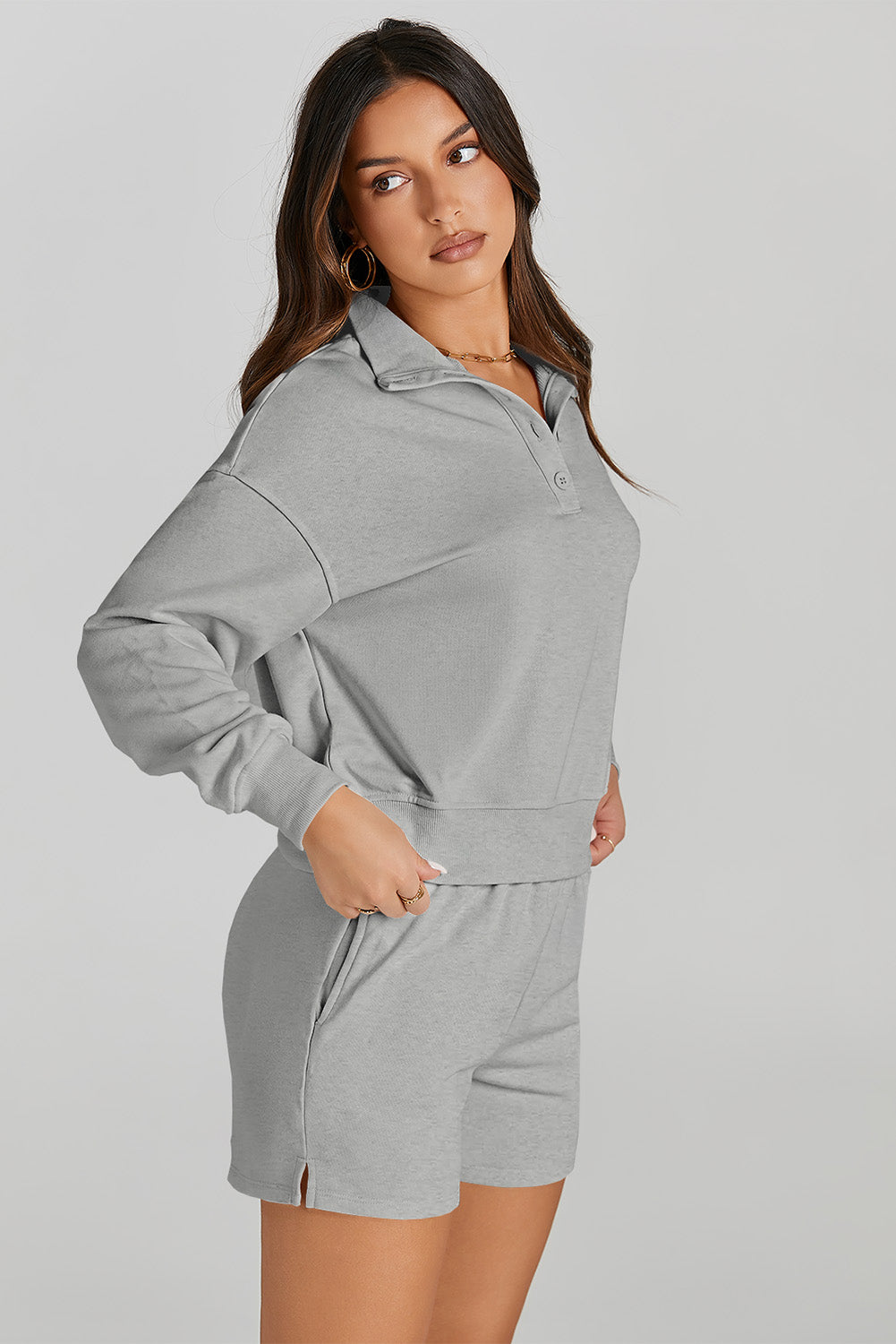 Half Button Sweatshirt and Shorts Active Set, NikkiandNaomi