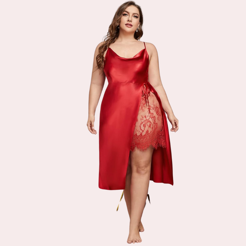 Plus Size Lace Trim Sleep Dress with Cowl Neck, NikkiandNaomi