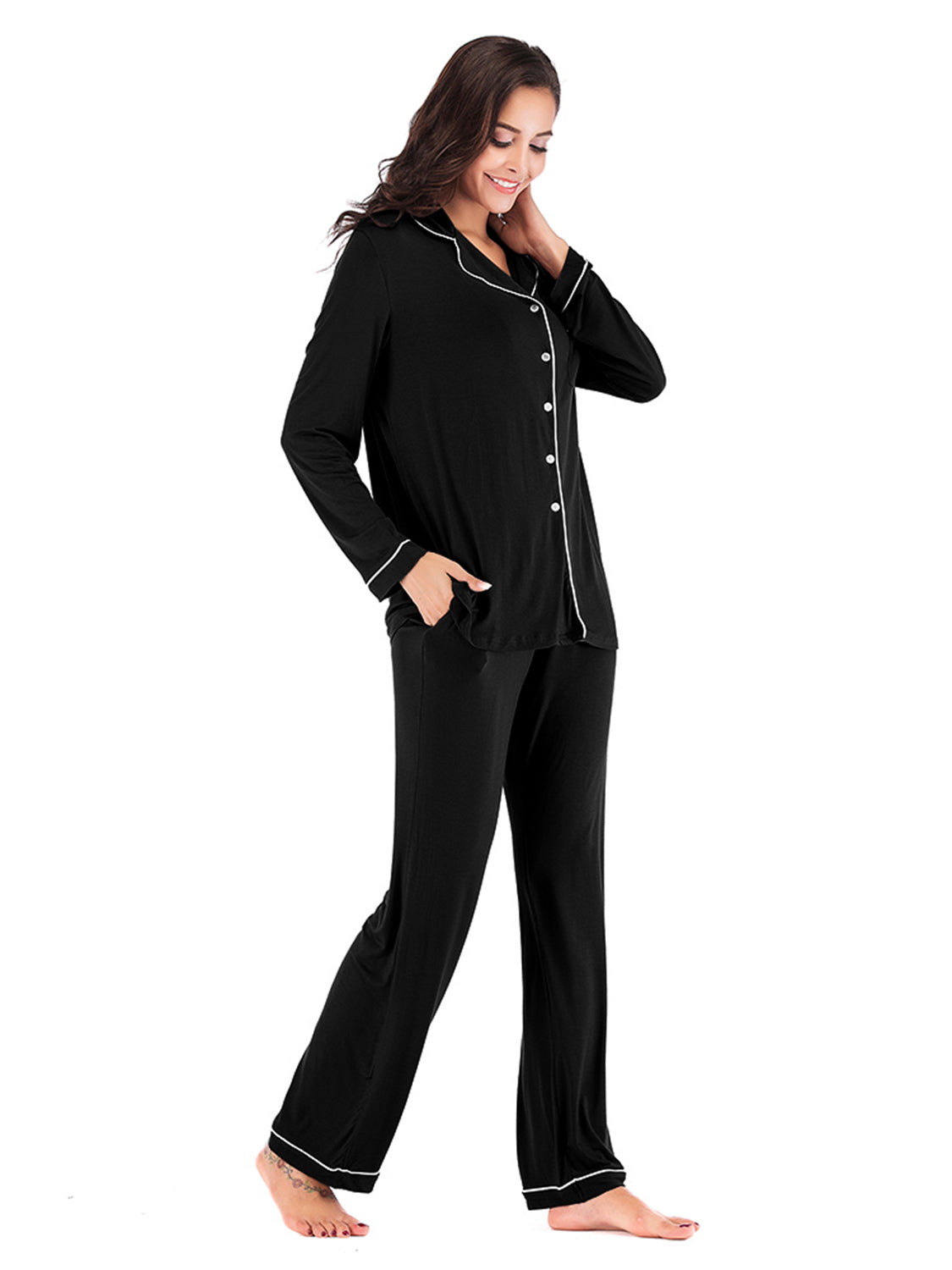 Collared Neck Long Sleeve Loungewear Set with Pockets, NikkiandNaomi