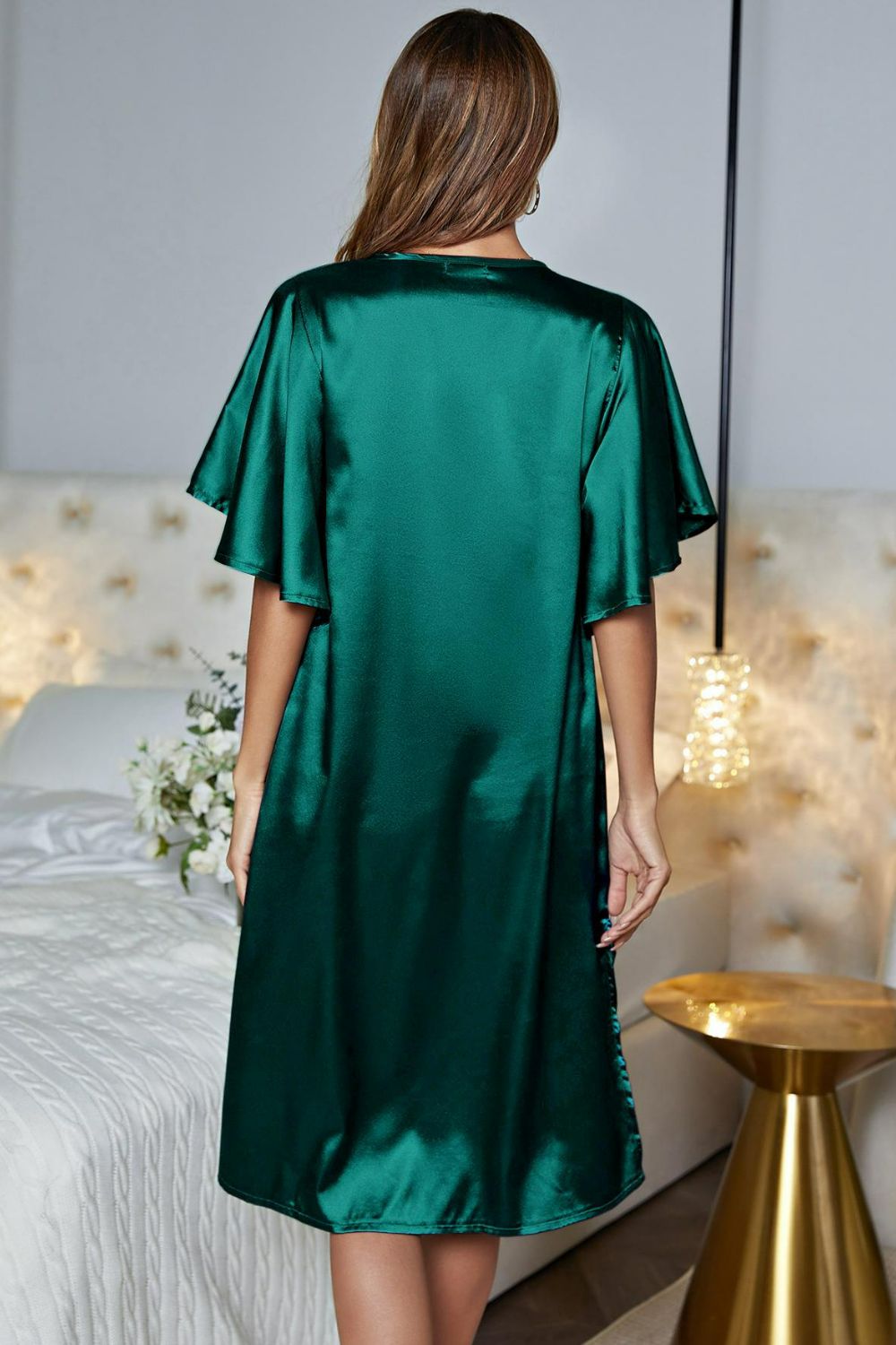 Satin Flutter Sleeve Side Slit V-Neck Night Dress, NikkiandNaomi