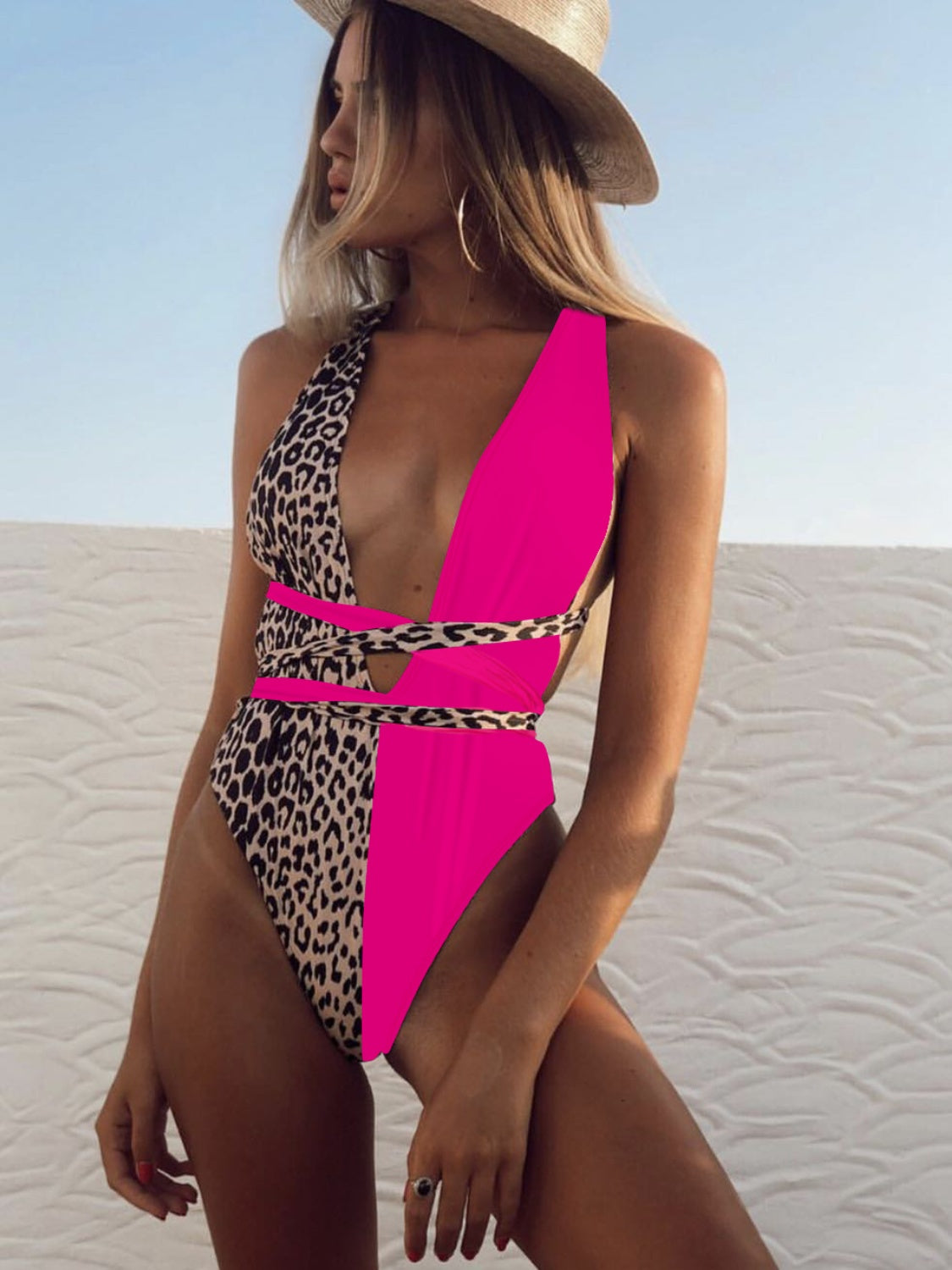 Tied Leopard Plunge One-Piece Swimwear, NikkiandNaomi