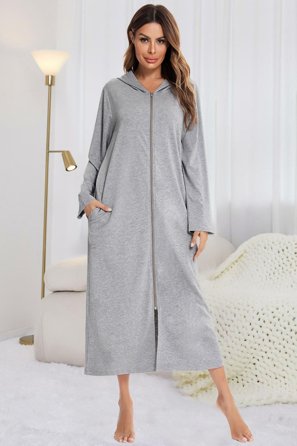 Zip Front Hooded Night Dress with Pockets, NikkiandNaomi