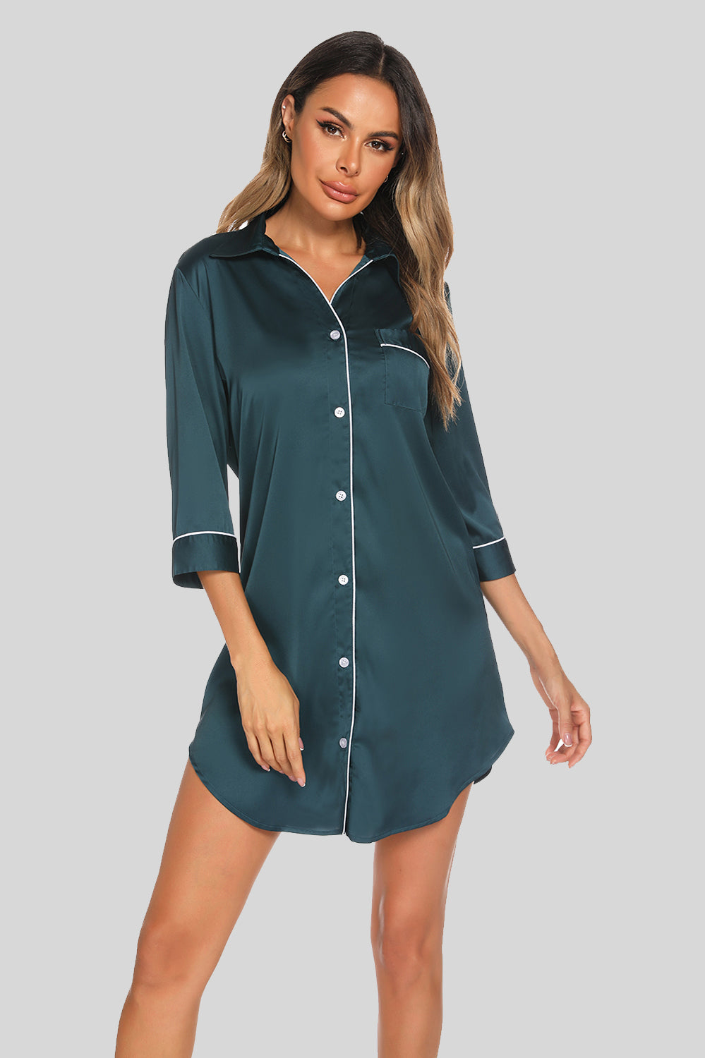 Button Up Collared Neck Night Dress with Pocket, NikkiandNaomi