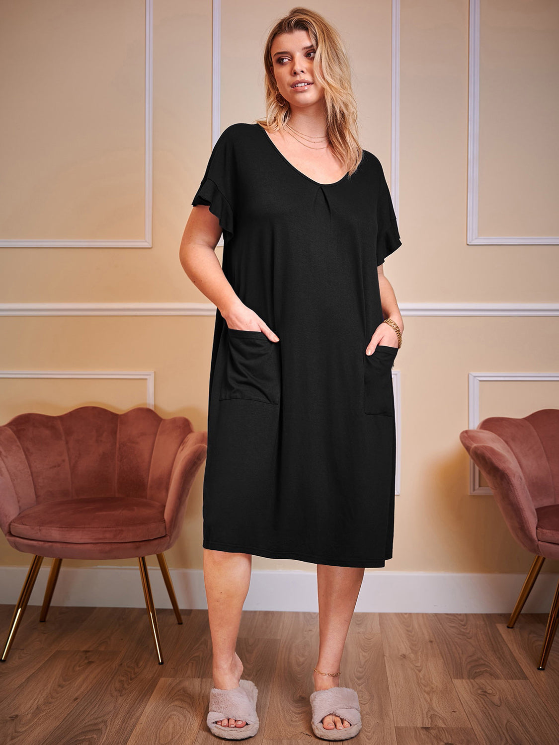 Plus Size Round Neck Short Sleeve Lounge Dress, NikkiandNaomi