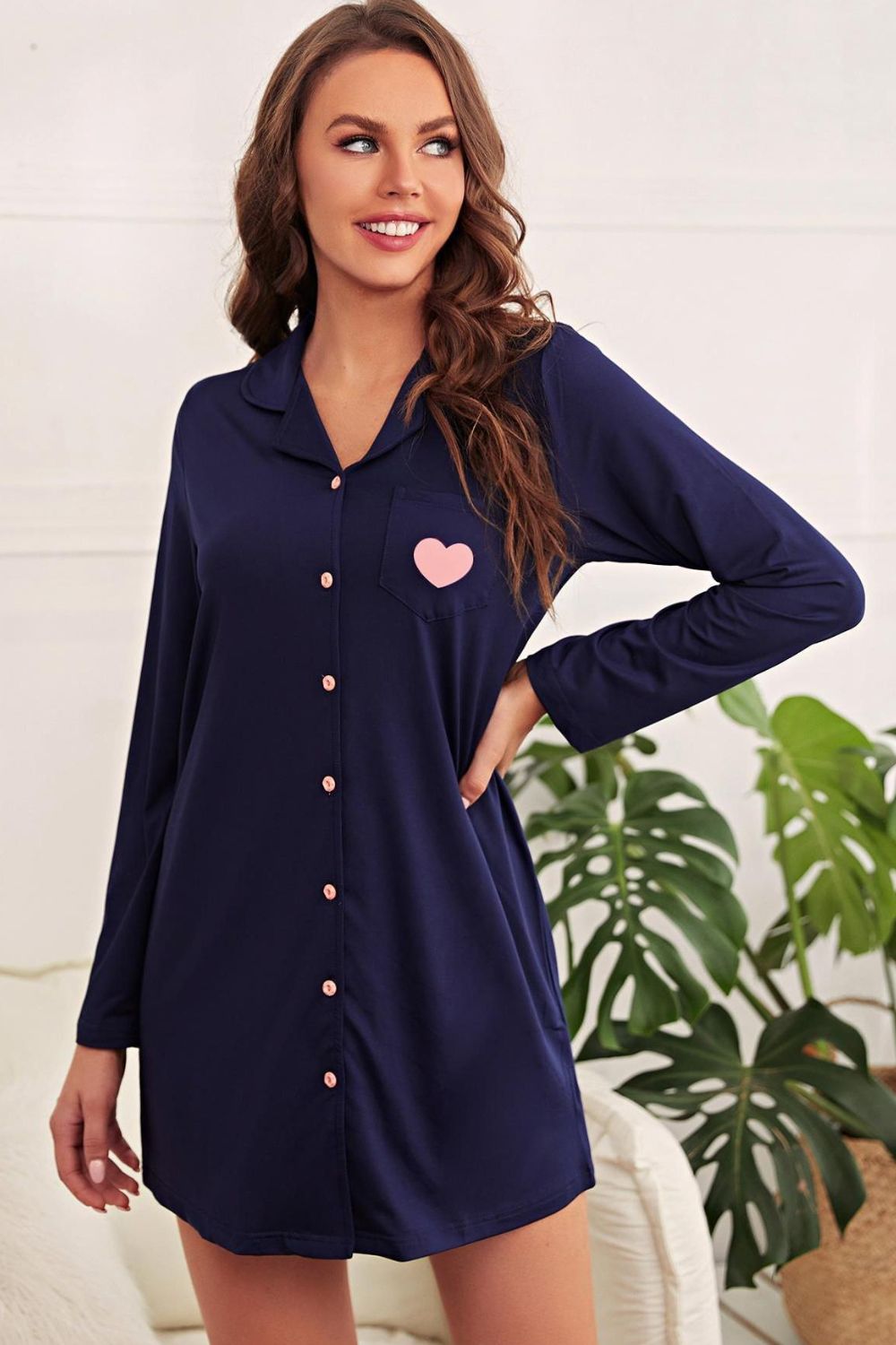 Heart Graphic Lapel Collar Night Shirt Dress, NikkiandNaomi