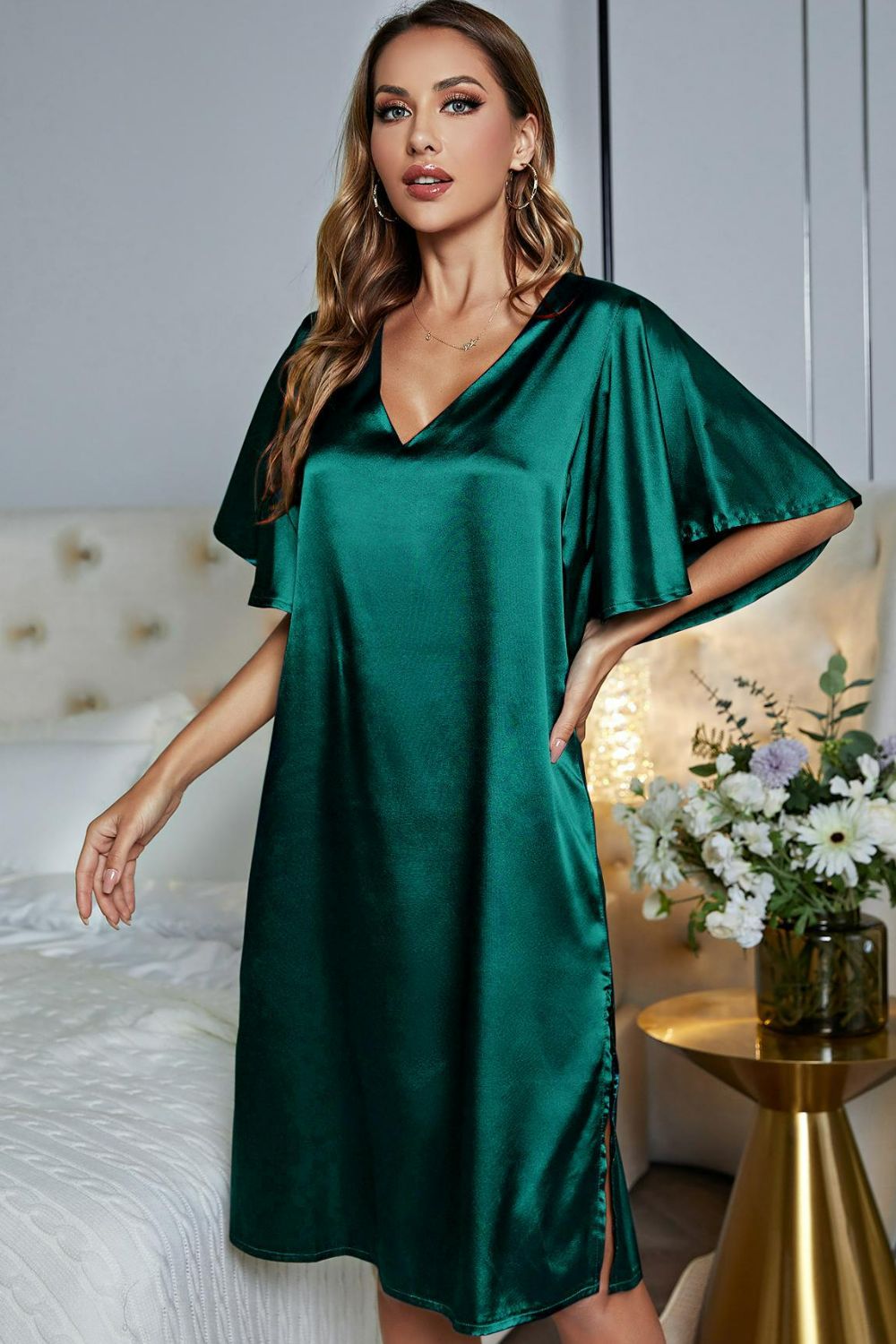 Satin Flutter Sleeve Side Slit V-Neck Night Dress, NikkiandNaomi