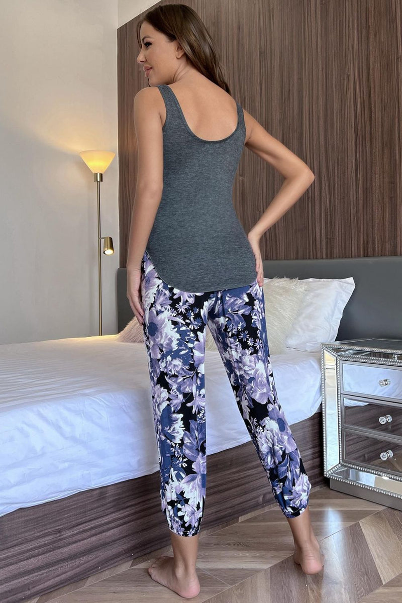 Scoop Neck Tank and Floral Cropped Pants Lounge Set, NikkiandNaomi