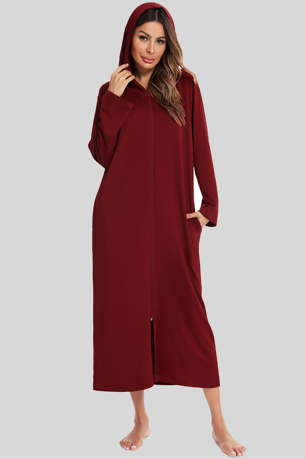 Zip Front Hooded Night Dress with Pockets, NikkiandNaomi