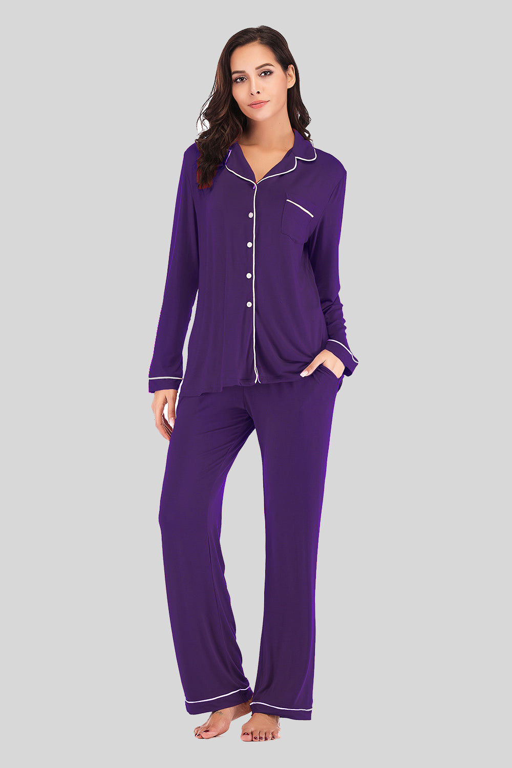 Collared Neck Long Sleeve Loungewear Set with Pockets, NikkiandNaomi