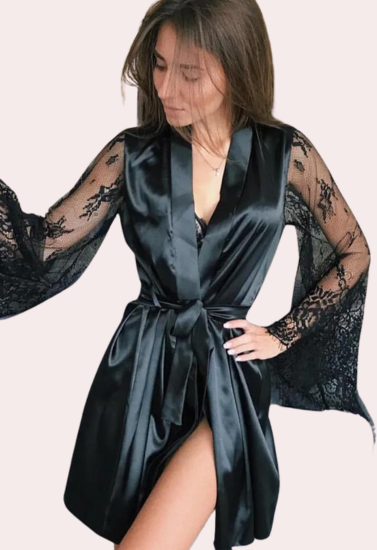 Day-to-Night Black Silk Robe for Women's Seductive Style
